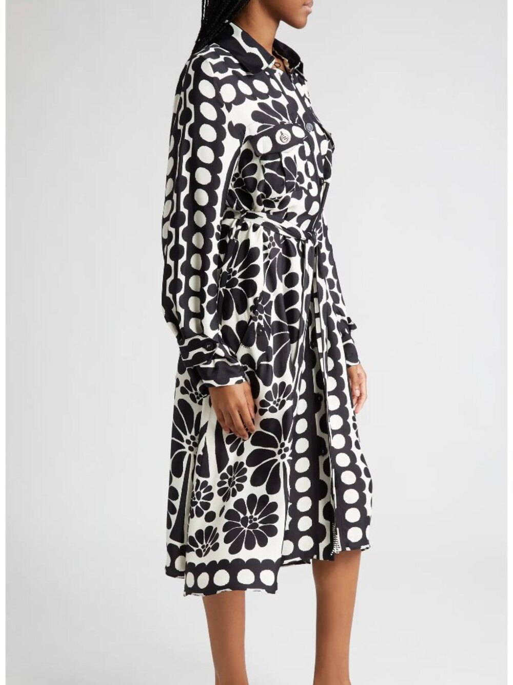 FARM Rio - Palermo Long Sleeve Belted Midi Shirtdress, black & white print, XXS - Picture 3 of 12